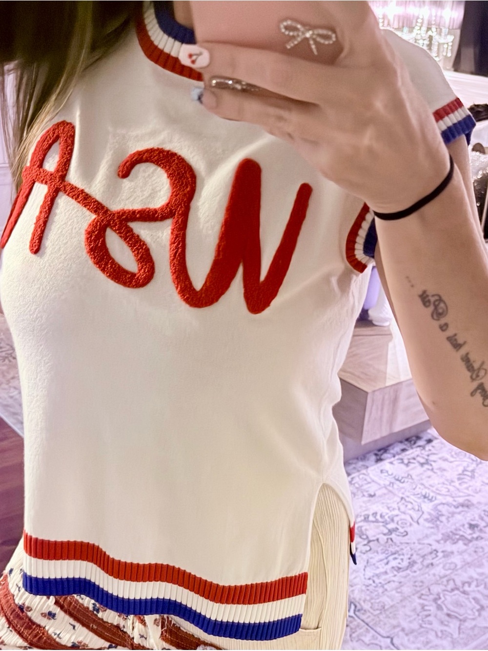 Women’s Cream Knit Sleeveless Sweater with Red Script